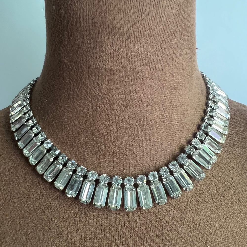 Vintage Silver Tone Baguette Rhinestone Choker Necklace 15 Inch Old Money